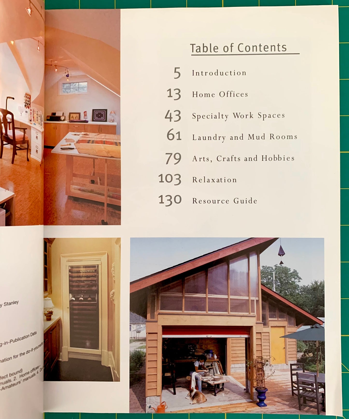 An open book or magazine spread showing a table of contents with interior and exterior architectural photographs. The page has a cream background with black text and three inset room and house photos.
[additional_image_link]