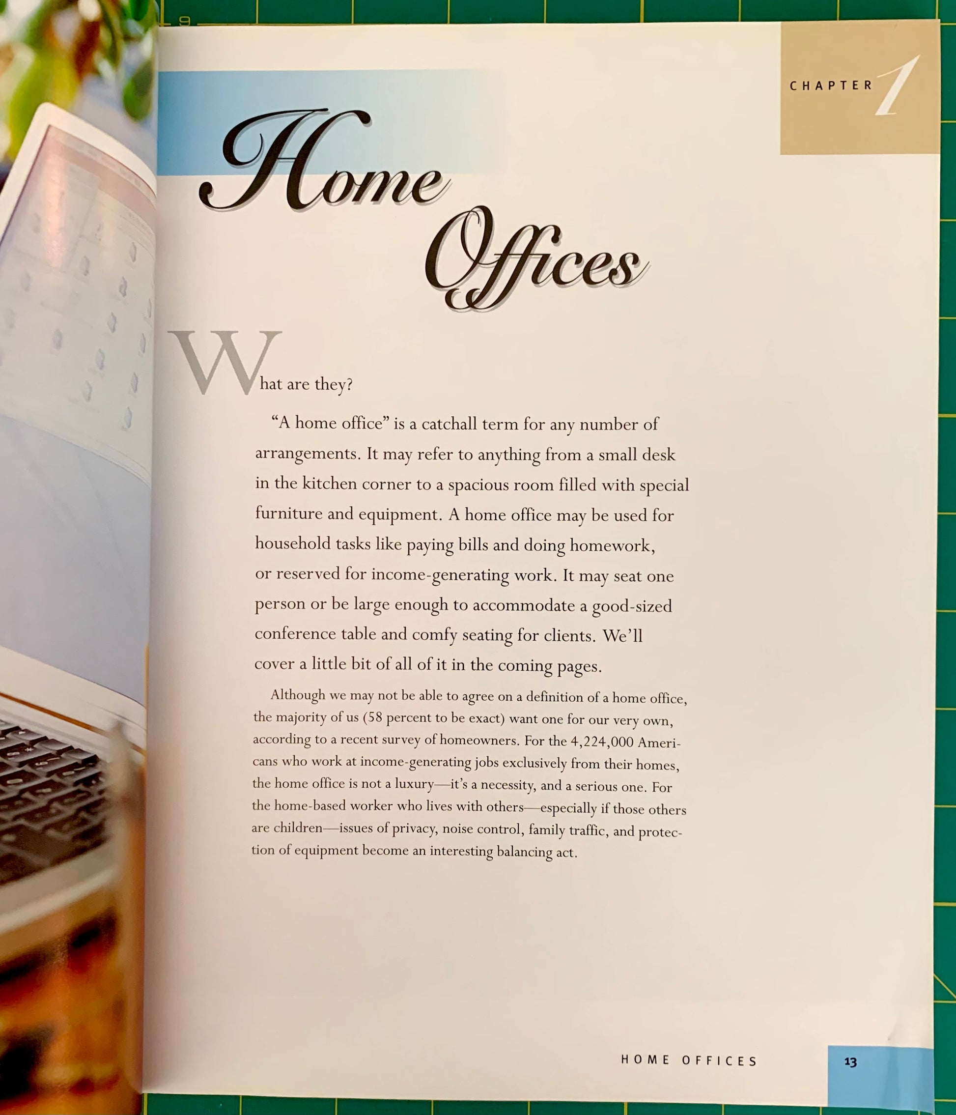 An open book spread showing a printed page titled 'Home Offices' with a definition paragraph and a small gold 'Chapter 1' label in the top right corner.
[additional_image_link]