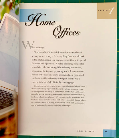 An open book spread showing a printed page titled 'Home Offices' with a definition paragraph and a small gold 'Chapter 1' label in the top right corner.
[additional_image_link]