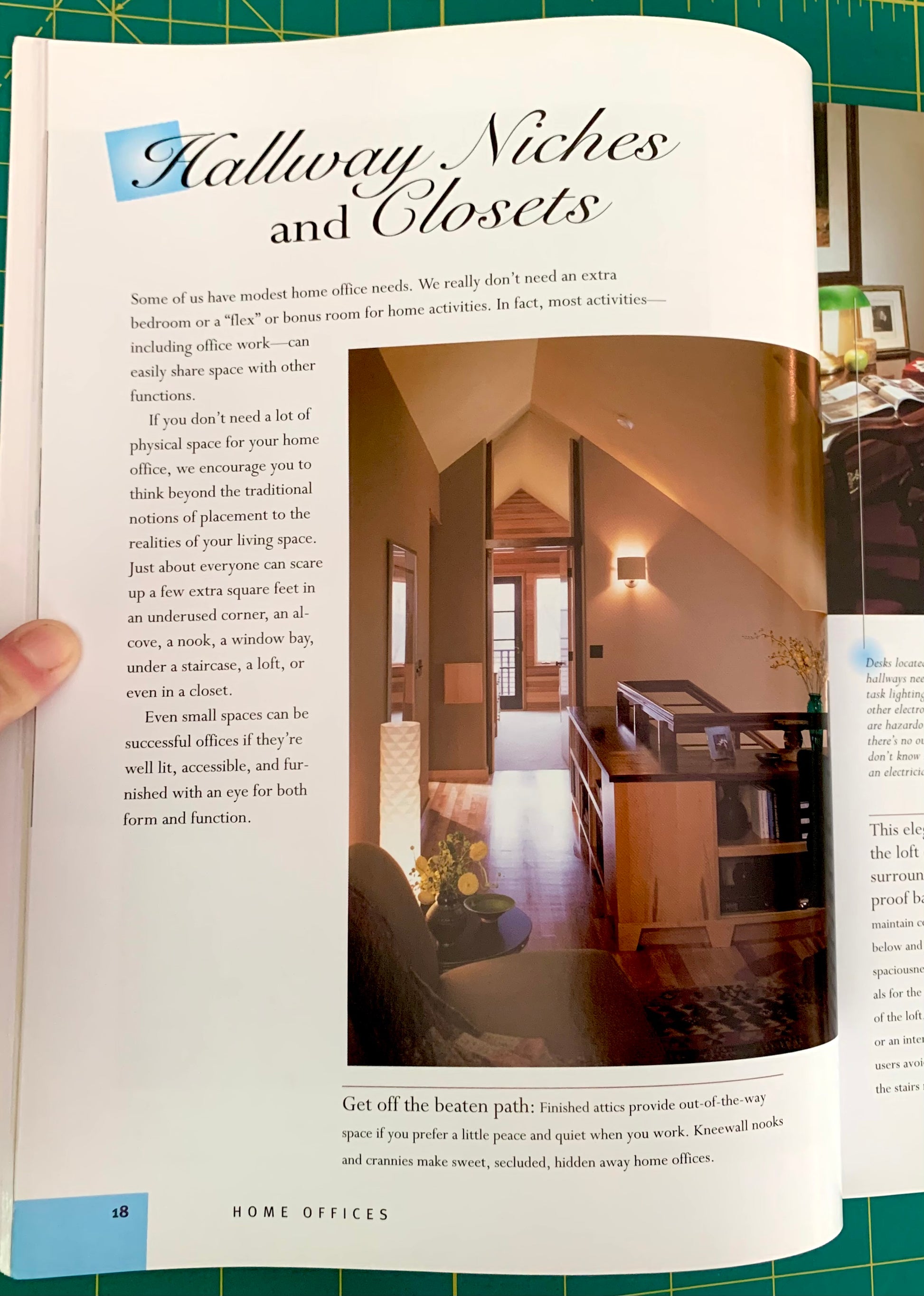 An open printed magazine or book page about hallways and closets, held by a hand. The page has a large title at the top, blocks of text, and a central interior photo showing a home office hallway and closet area.
[additional_image_link]