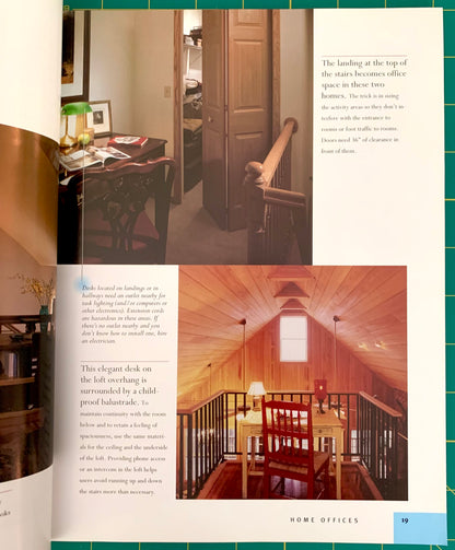 An open magazine or book spread showing interior photographs of an office building, with text captions and a green page border. The left page includes a photo of a hallway and office interior, and the right page includes a photo of a loft-style office with wood ceiling and staircase railing.
[additional_image_link]