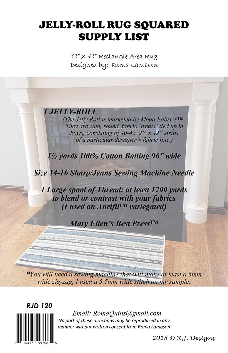A rectangular area rug with a Jelly Roll pattern, featuring a variety of fabric stripes in different shades of blue and beige, and the text 'JELLY ROLL RUG' prominently displayed. Supply list.
Photo by R.J .Designs [additional_image_link]
