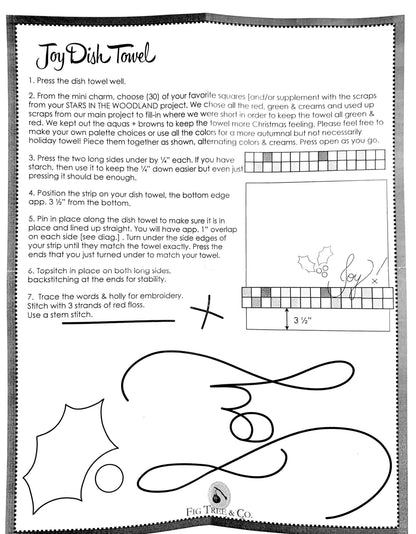 Black and white patterned dish towel with embroidery instructions and designs.
Photo by Karen King [additional_image_link]
