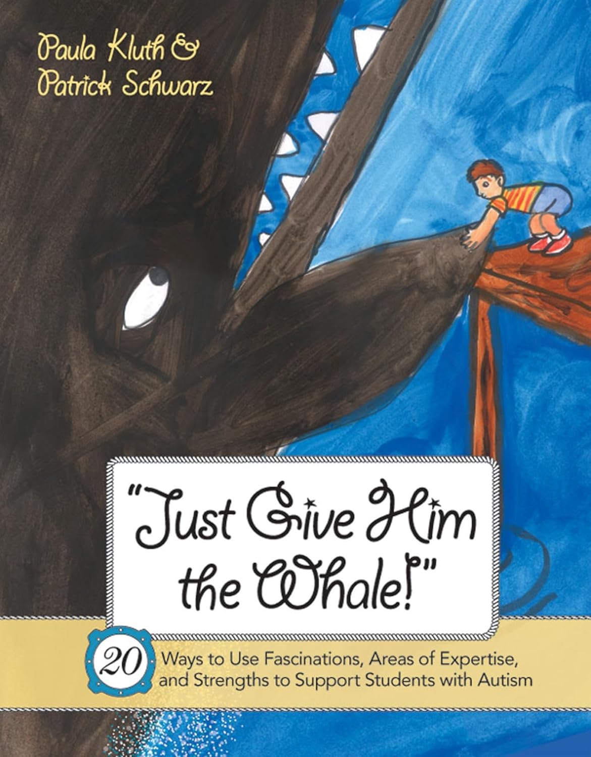 Book cover for 'Just Give Him the Whale!' featuring an illustration of a child standing on the back of a whale, with a dragon in the background. The title and authors' names are displayed in the foreground.
[image_link]