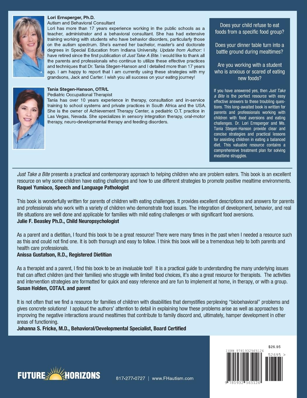 Back cover of a book with text and images of people, featuring Future Horizons on a blue background.
[additional_image_link]