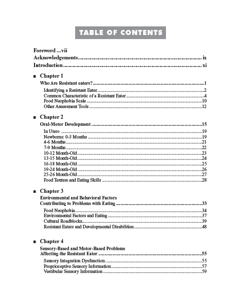 Table of contents from a book or document on resistive eating, oral motor development, and environmental factors.
[additional_image_link]