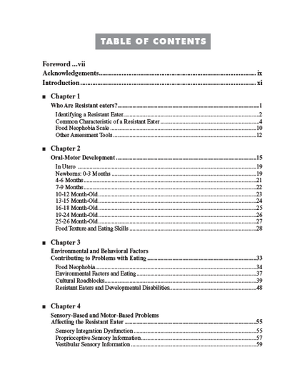 Table of contents from a book or document on resistive eating, oral motor development, and environmental factors.
[additional_image_link]