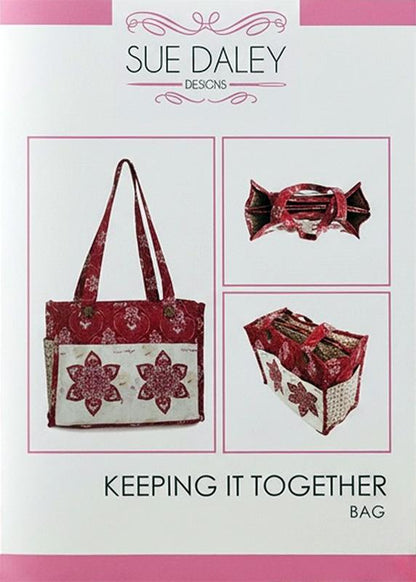 Pattern cover for 'Keeping It Together Bag' by Sue Daley Designs, showing a red and white patterned tote bag with two inset views of the bag's different configurations.
Photo by Sue Daley [image_link]