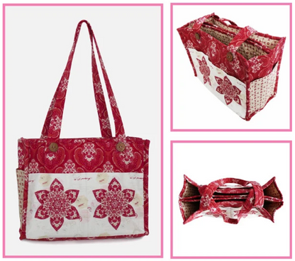 A fabric tote bag shown in multiple views on a white background with pink borders. The bag has red and white patterned fabric, a woven basket base, and two long shoulder straps.
Photo by Sue Daley [additional_image_link]