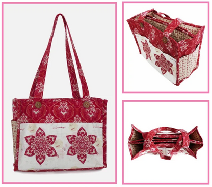 A fabric tote bag shown in multiple views on a white background with pink borders. The bag has red and white floral and paisley patterns, a front pocket with two large red floral appliques, and woven side panels.
Photo by Sue Daley [additional_image_link]