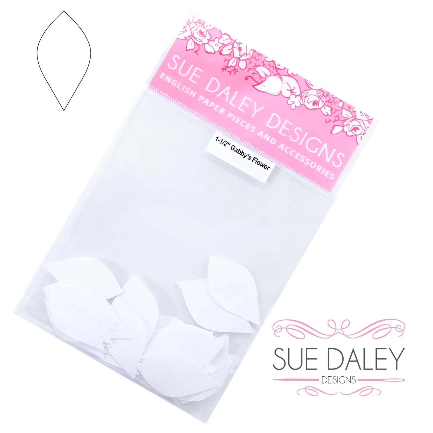 A clear plastic bag of white paper flower pieces with a pink header card reading 'SUE DALEY DESIGNS' and 'English Paper Pieces and Accessories.' The package contains multiple white petal-shaped paper cutouts.
Photo by Sue Daley [additional_image_link]