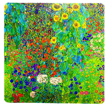 A jigsaw puzzle depicting a vibrant garden with sunflowers and various other flowers, reminiscent of Gustav Klimt's artwork.
Photo by Karen King [additional_image_link]