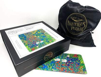 A jigsaw puzzle depicting a vibrant garden with sunflowers and various other flowers, reminiscent of Gustav Klimt's artwork.
Photo by Nautilus Puzzles [additional_image_link]