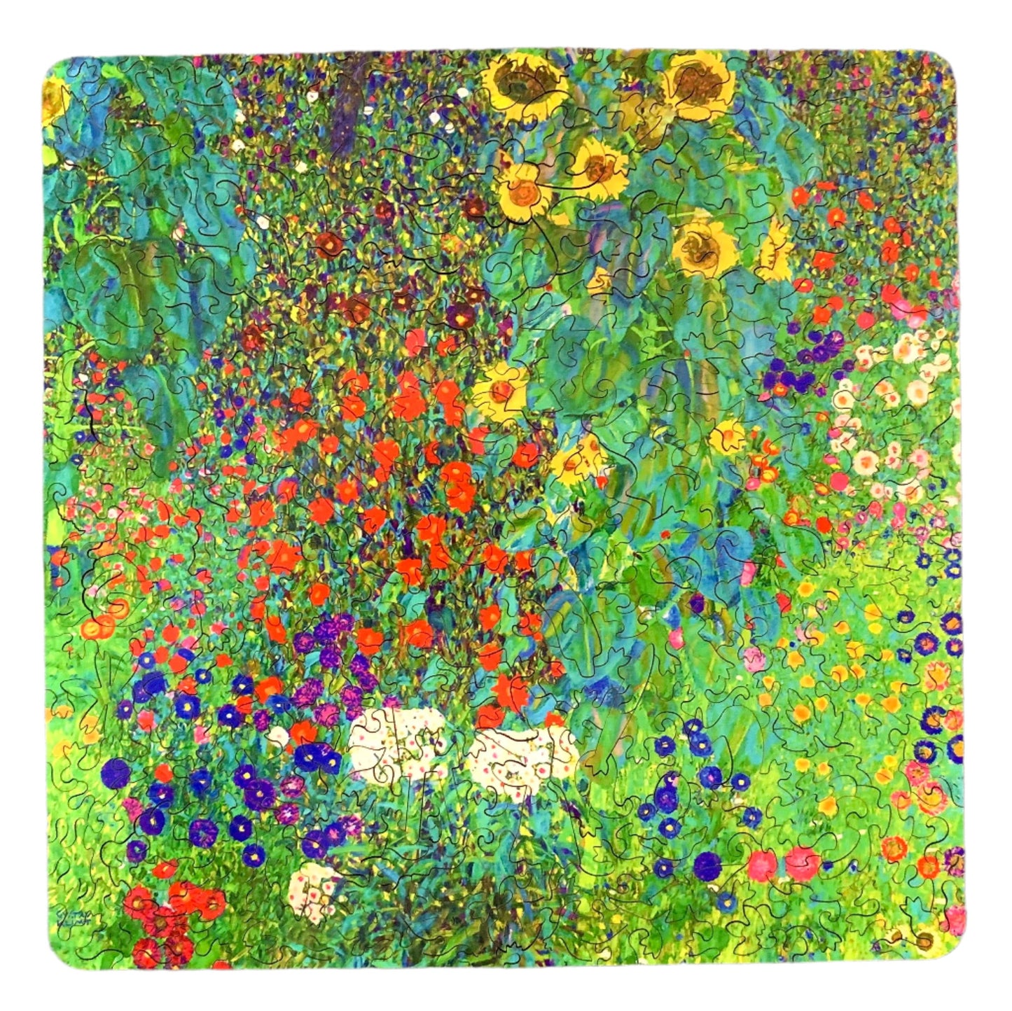 A jigsaw puzzle depicting a vibrant garden with sunflowers and various other flowers, reminiscent of Gustav Klimt's artwork.
Photo by Karen King [additional_image_link]