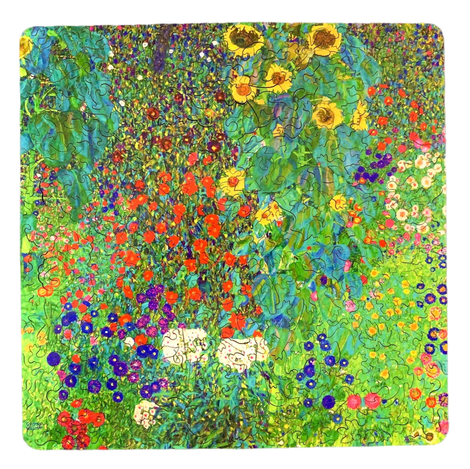 A jigsaw puzzle depicting a vibrant garden with sunflowers and various other flowers, reminiscent of Gustav Klimt's artwork.
Photo by Karen King [additional_image_link]
