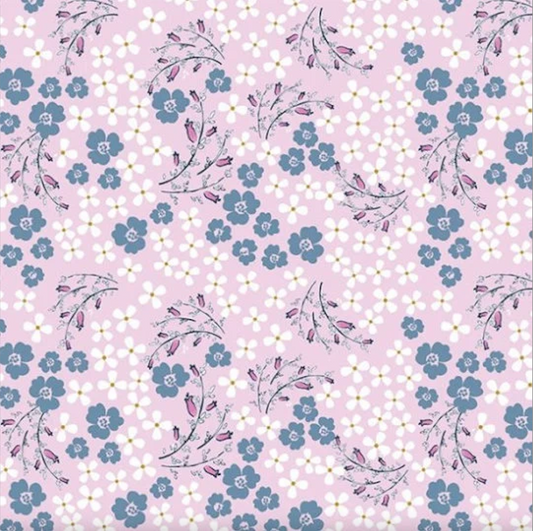 A repeating floral pattern on a light pink background, featuring blue flowers, small white dots, and delicate gray stems with purple buds.
[image_link]
