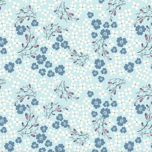 A repeating floral pattern on a pale blue background, featuring small blue flowers, pink buds, and thin gray stems with tiny white dots.
[image_link]