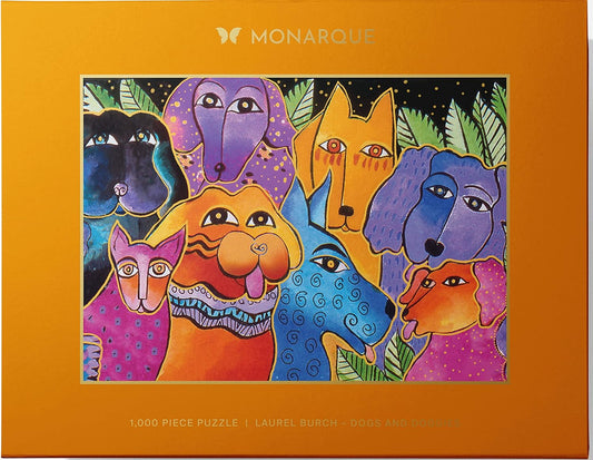 Monarque 1000-piece jigsaw puzzle box featuring a colorful, stylized illustration of various dog faces on a bright orange background.
Photo by Monarque [image_link]