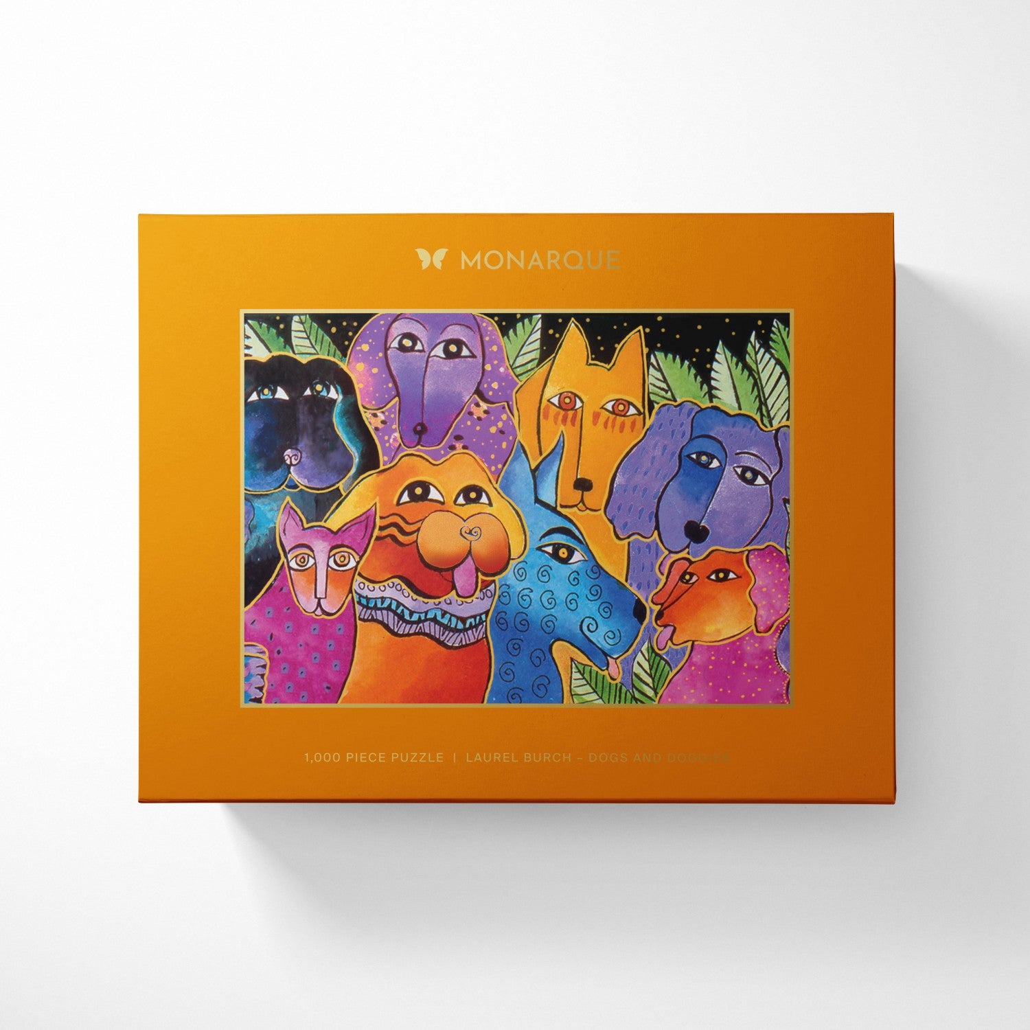 Monarque 1000-piece jigsaw puzzle box featuring a colorful, stylized illustration of various dog faces on a bright orange background.
Photo by Monarque [additional_image_link]