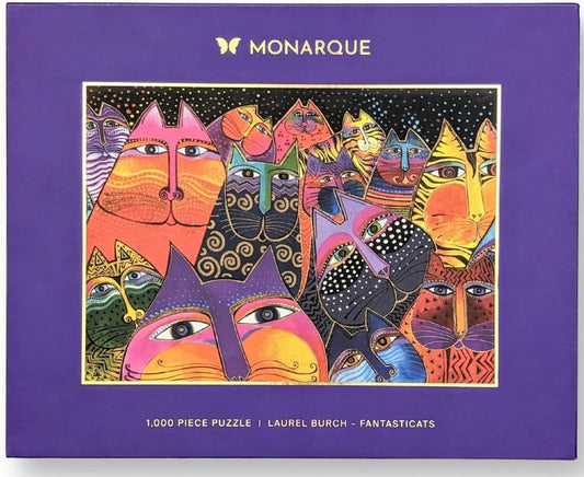A colorful jigsaw puzzle box featuring artwork with fantastical cats, branded by Monarque.
Photo by Monarque [image_link]