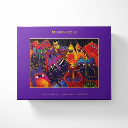 A colorful jigsaw puzzle box featuring artwork with fantastical cats, branded by Monarque.
Photo by Monarque [additional_image_link]