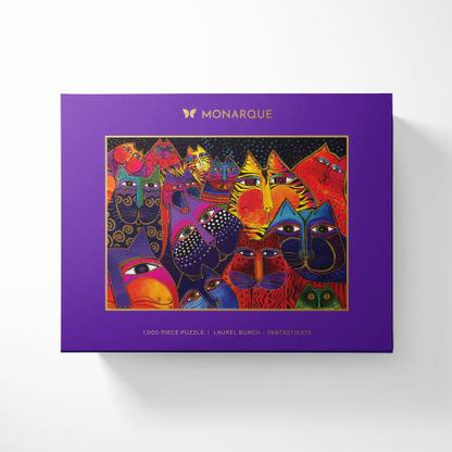 A colorful jigsaw puzzle box featuring artwork with fantastical cats, branded by Monarque.
Photo by Monarque [additional_image_link]