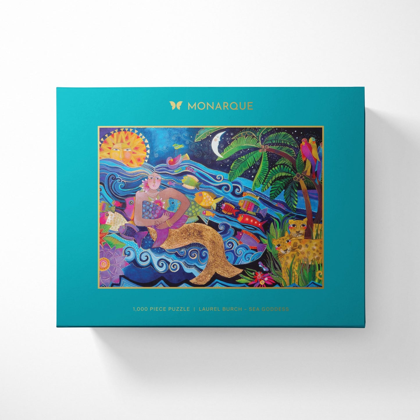 A colorful jigsaw puzzle box featuring a sea goddess design with a vibrant background and tropical elements.
Photo by Monarque [additional_image_link]
