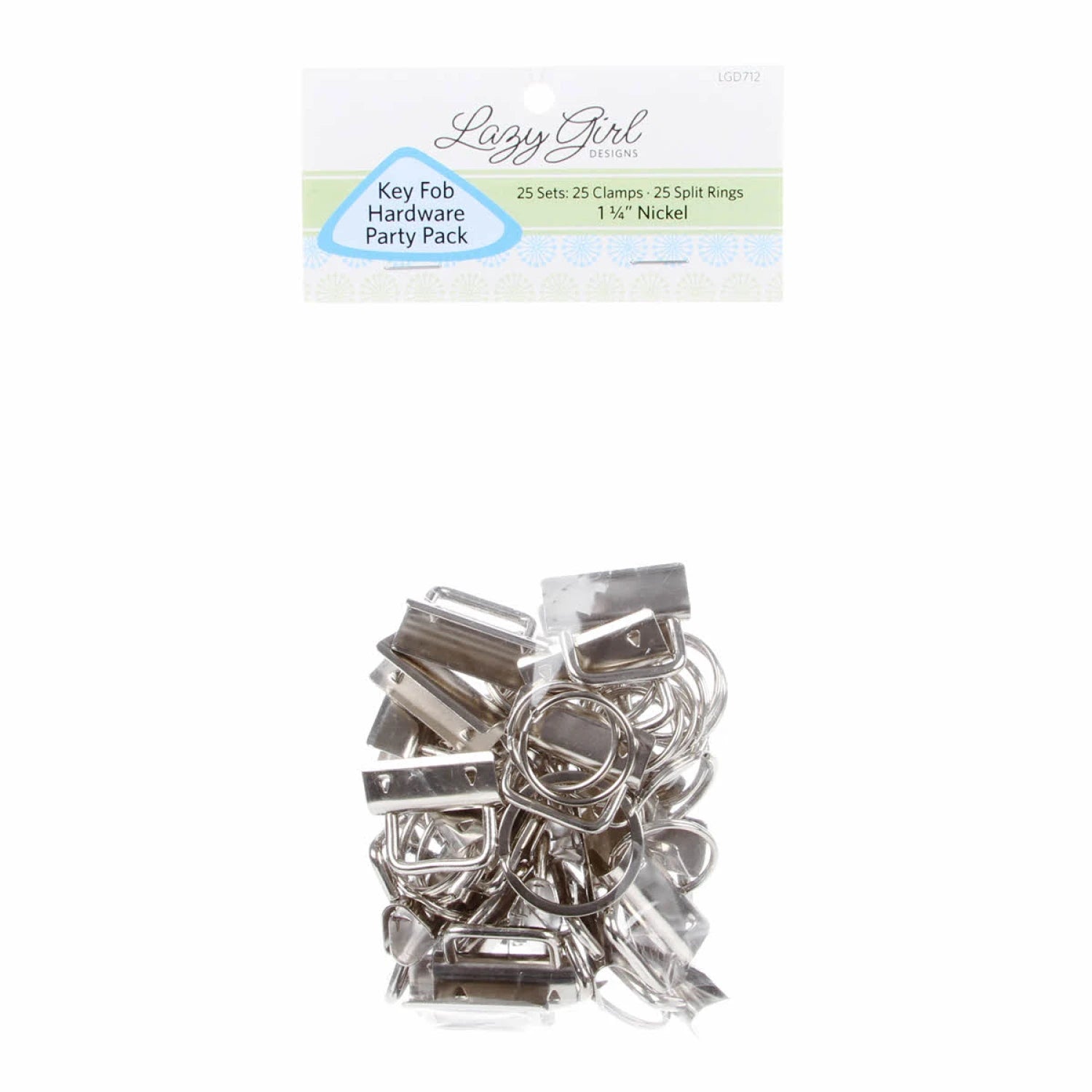 Metal key fob hardware party pack with Lazy Girl packaging on a white background.
[image_link]