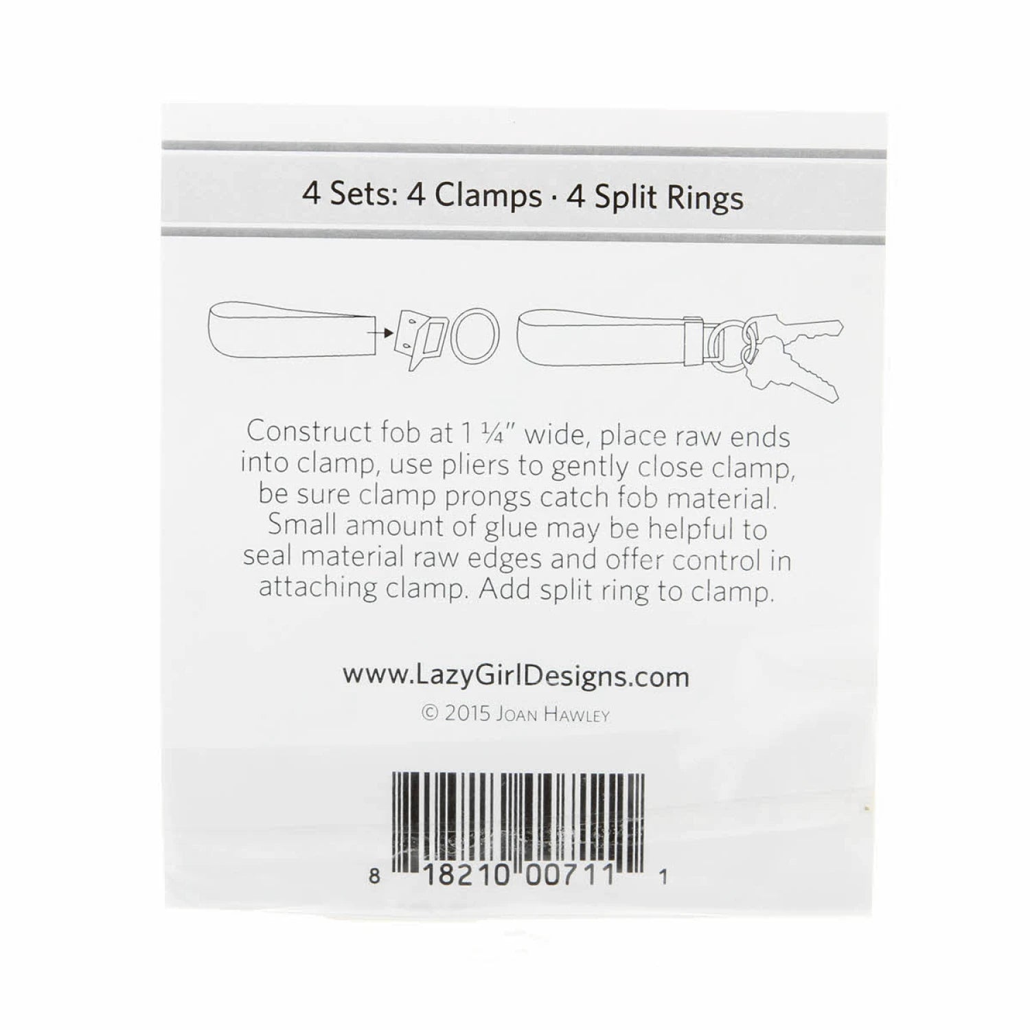 Back of packaging with text and illustrations for constructing a fob with clamps and split rings, featuring LazyGirlDesigns branding.
[additional_image_link]