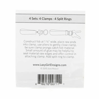 Back of packaging with text and illustrations for constructing a fob with clamps and split rings, featuring LazyGirlDesigns branding.
[additional_image_link]