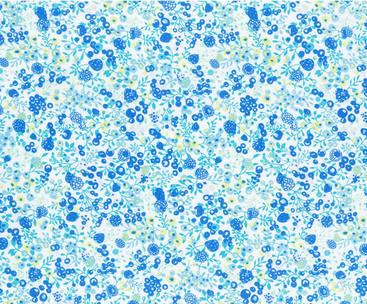 A fabric pattern featuring a dense, all-over floral print in shades of blue and light green on a white background.
Photo by Lecien [image_link]