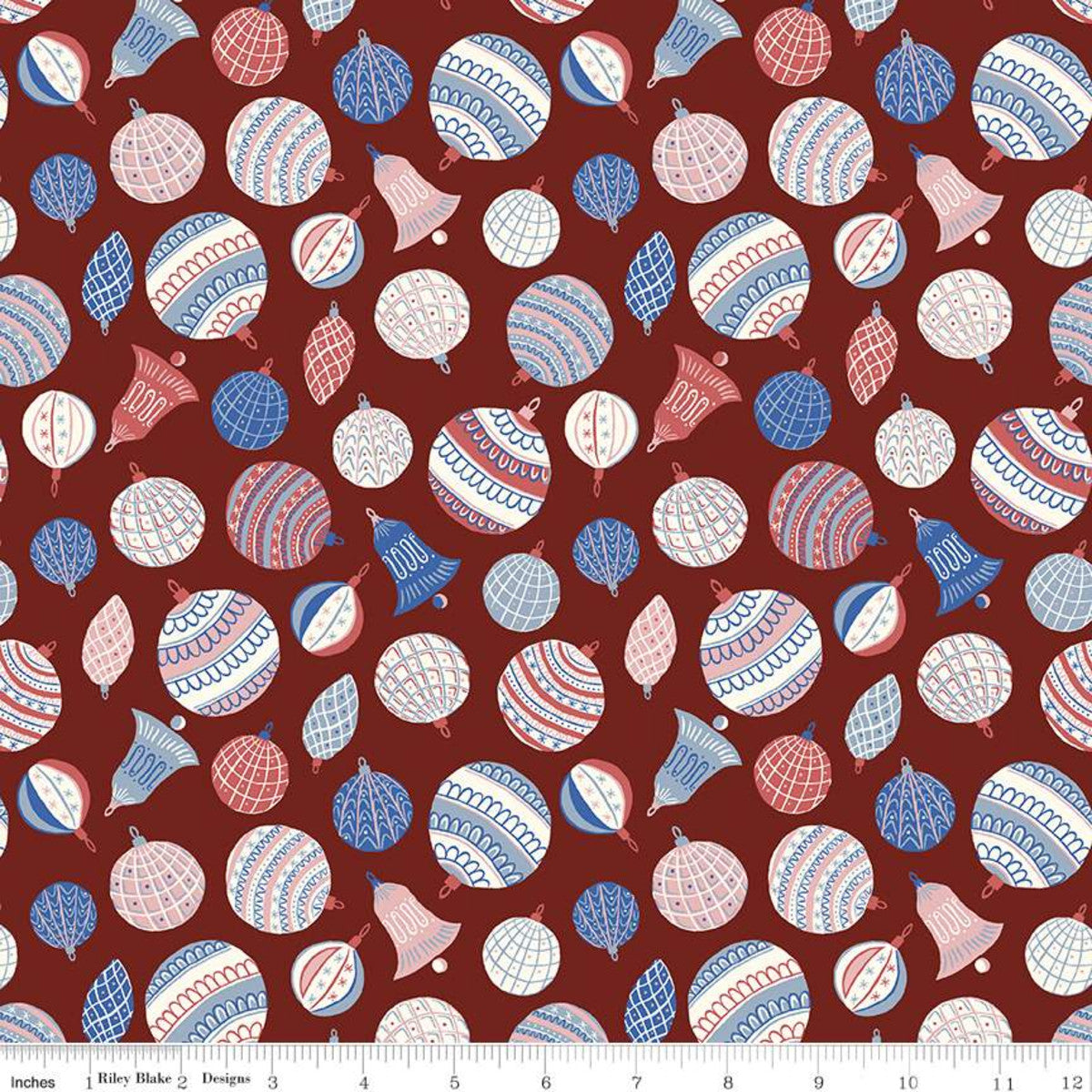 A repeating holiday pattern on fabric featuring red, blue, and cream ornaments and bells on a dark red background, with a ruler along the bottom edge showing scale.
Photo by RileyBlakeDesigns.com [image_link]
