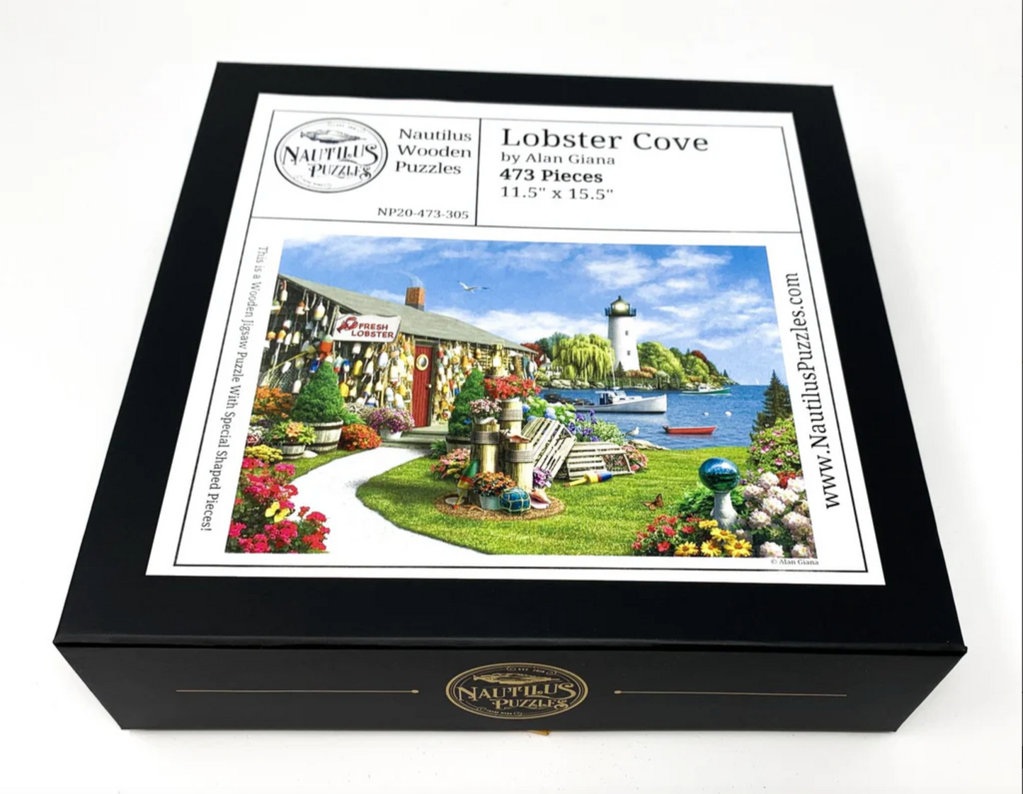 A completed jigsaw puzzle depicting a vibrant and colorful lobster cove scene with a lighthouse, buoys, and a fresh lobster sign.
Photo by Nautilus Puzzles [additional_image_link]