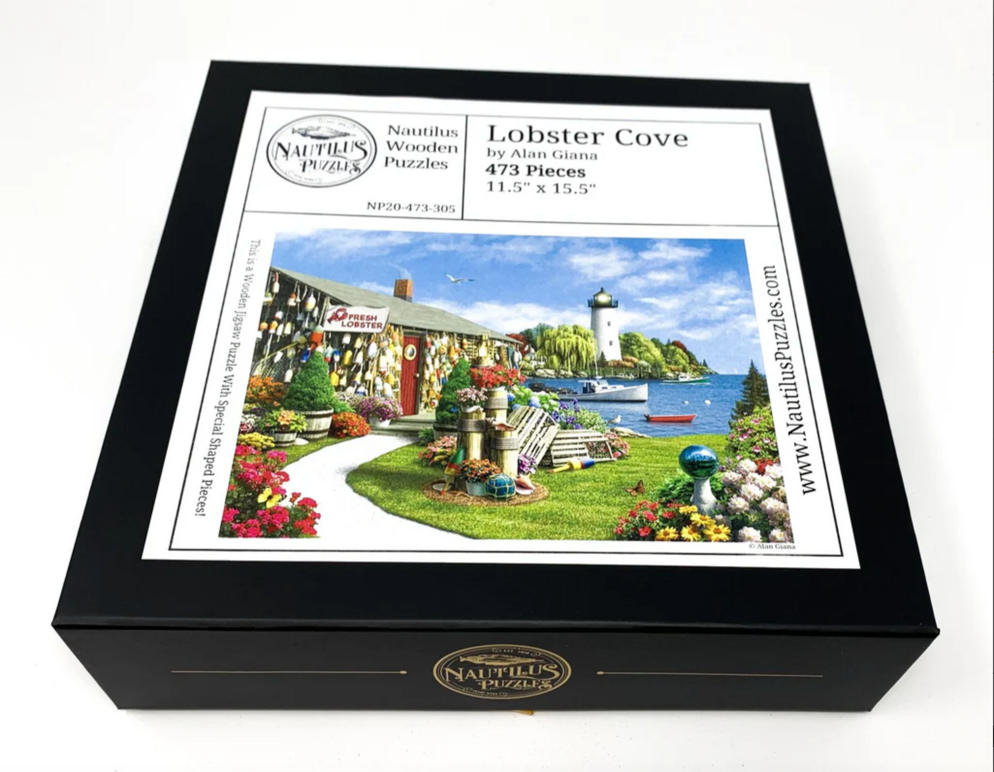 A completed jigsaw puzzle depicting a vibrant and colorful lobster cove scene with a lighthouse, buoys, and a fresh lobster sign.
Photo by Nautilus Puzzles [additional_image_link]