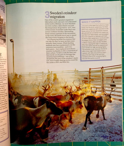 An open book showing a printed page about Sweden's reindeer migration, with text, a small inset box, and a large photograph of reindeer in a snowy outdoor setting.
[additional_image_link]