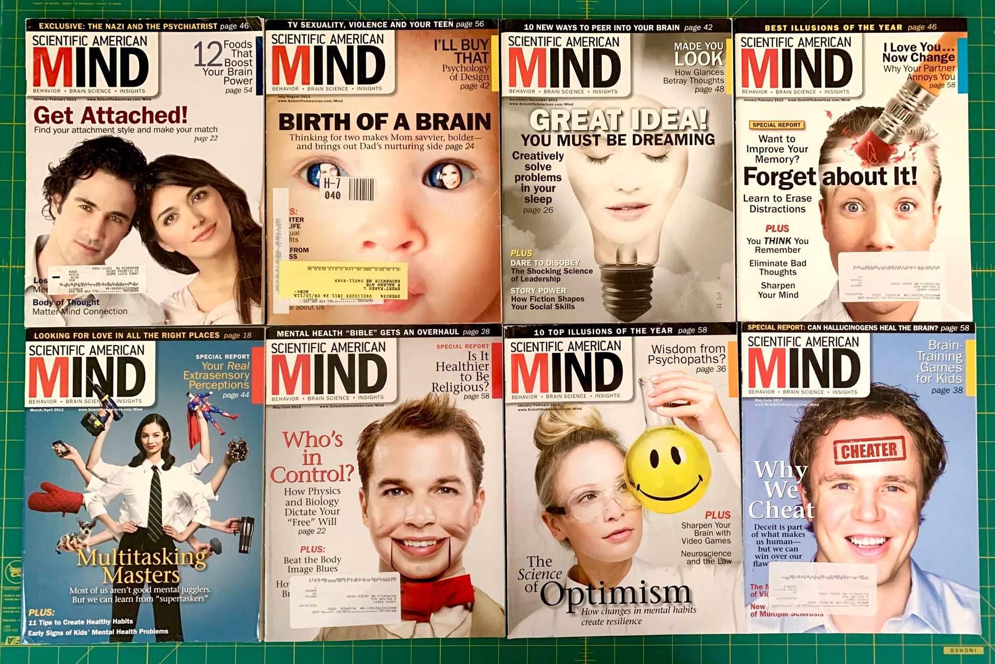 A 2x4 grid of Scientific American Mind magazine covers from 2011, featuring various colorful cover stories and portraits.
[image_link]