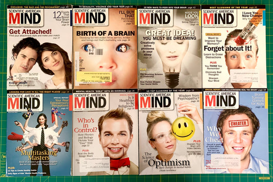A 2x4 grid of Scientific American Mind magazine covers from 2011, featuring various colorful cover stories and portraits.
[image_link]