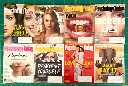 Eight Psychology Today magazine covers arranged in a 2x3 grid on a green cutting mat background. The covers feature various cover lines, photos, and illustrations, including a close-up face, a woman holding a phone, a mouth with a gold ring, a woman's eyes, a woman and a man, a woman with a elephant, and a clapperboard.
[additional_image_link]