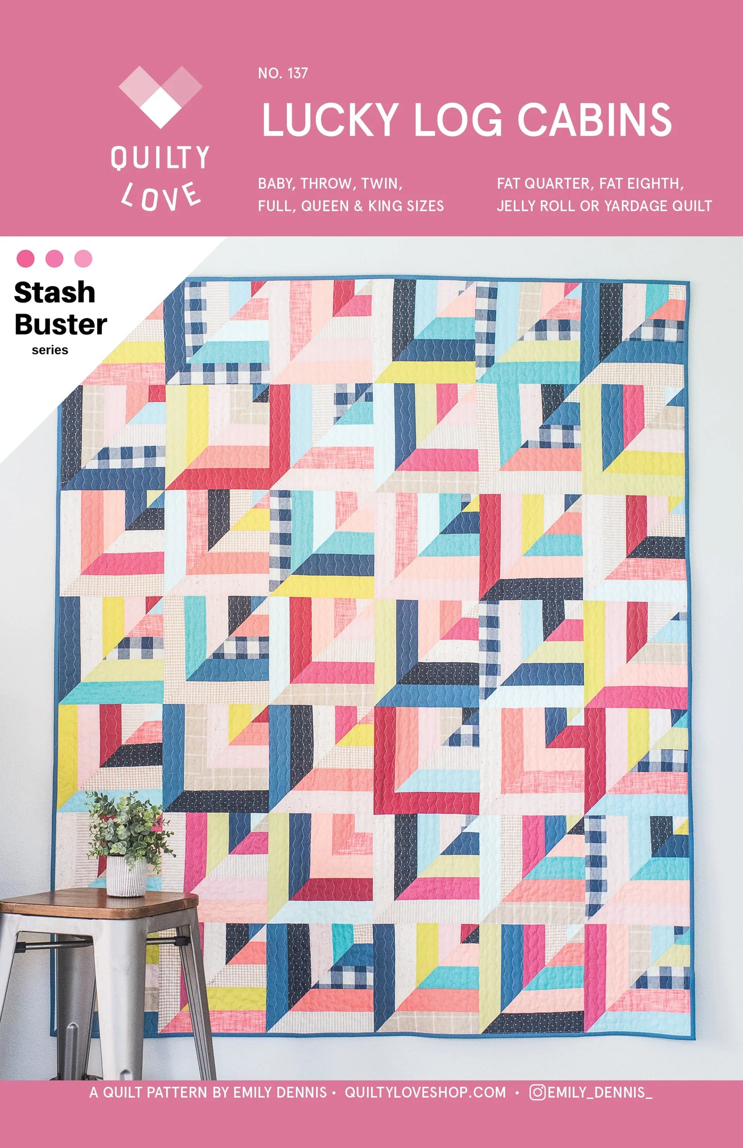 Quilt pattern cover for 'Lucky Log Cabins' by Quilty Love with colorful geometric quilt design.
Photo by Quilty Love [image_link]