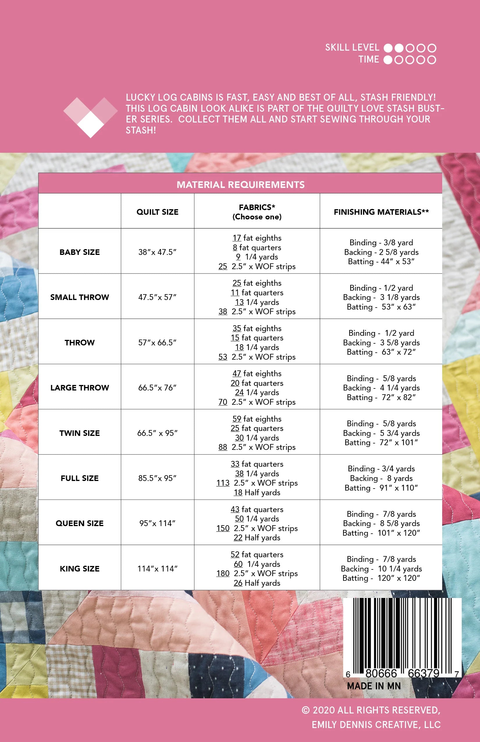 Quilt pattern with material requirements chart on a pink background.
Photo by Quilty Love [additional_image_link]
