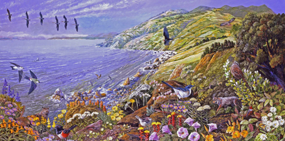 A completed jigsaw puzzle depicting a colorful coastal landscape with purple water, green hills, flying birds, and wildflowers in the foreground.
Photo by Nautilus Puzzles [image_link]