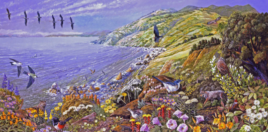 A completed jigsaw puzzle depicting a colorful coastal landscape with purple water, green hills, flying birds, and wildflowers in the foreground.
Photo by Nautilus Puzzles [image_link]