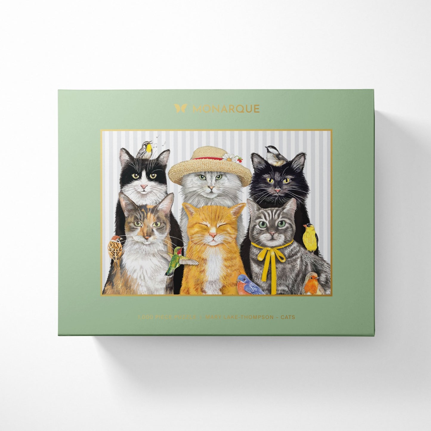 A completed jigsaw puzzle featuring a group portrait of six cats with small birds perched on them, set against a light patterned background.
Photo by Monarque [image_link]