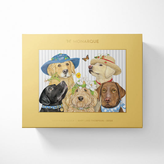 A completed 1000-piece jigsaw puzzle box with an illustration of various dogs and floral elements on the cover, featuring the Monarque brand name.
Photo by Monarque [image_link]