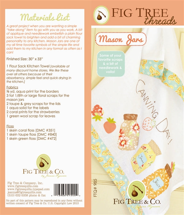Packaging for a Fig Tree Quilts kitchen towel pattern, featuring a completed towel with mason jar designs, as well as a materials list and instructions.
Photo by Fig Tree & Co. [image_link]