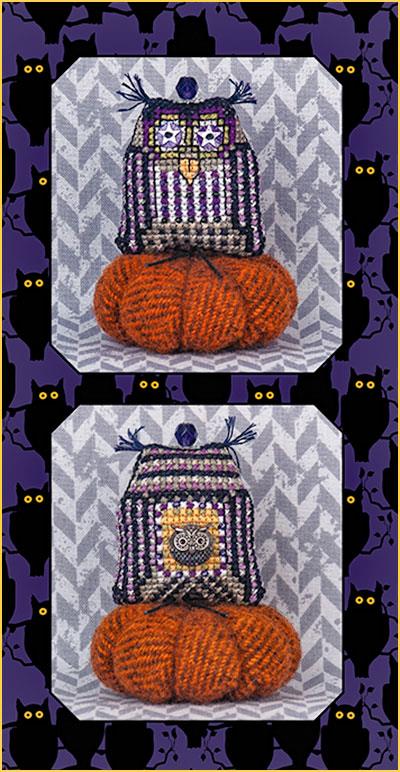 A cross stitch embroidery pattern of an owl, named Merlin the Midnight Owl, displayed on a background with a purple and black pattern. The owl features a mix of colors including orange, purple, and silver, with a flat seamed bottom and wire feet.
Photo by JustNan.com [image_link]