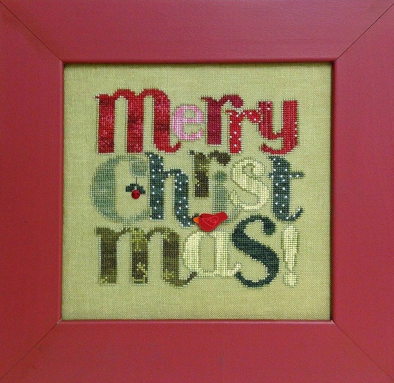 A cross stitch kit depicting the phrase 'Merry Christmas!' with each letter surrounded by Christmas-themed embellishments.
Photo by JustAnotherButtonCompany.com [image_link]
