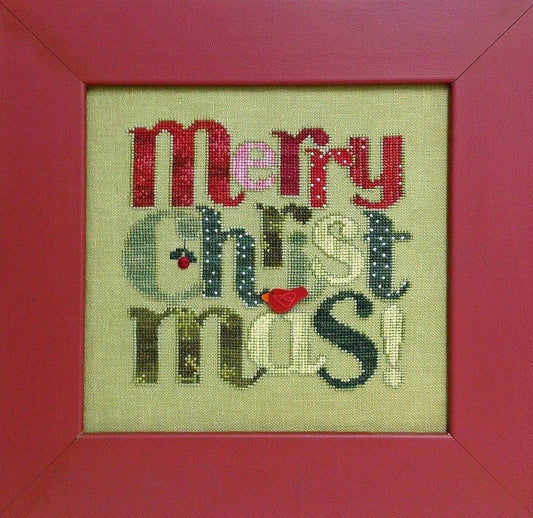 A cross stitch kit depicting the phrase 'Merry Christmas!' with each letter surrounded by Christmas-themed embellishments.
Photo by JustAnotherButtonCompany.com [image_link]