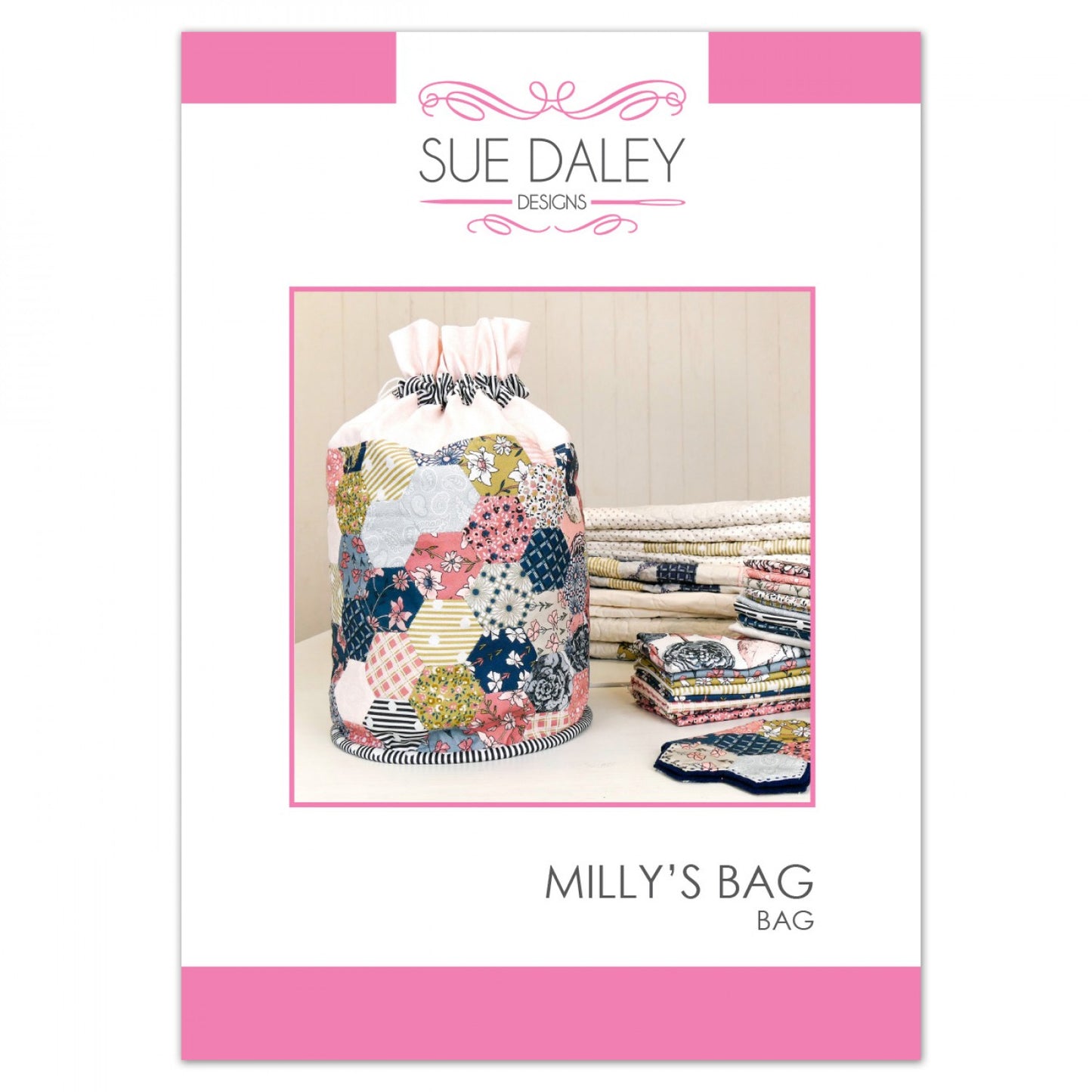 Sue Daley Designs pattern book for 'Milly's Bag' with fabric bag and patterns on a white background.
Photo by Sue Daley [image_link]