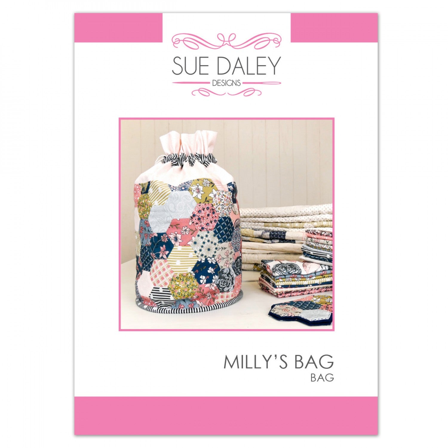 Sue Daley Designs pattern book for 'Milly's Bag' with fabric bag and patterns on a white background.
Photo by Sue Daley [image_link]